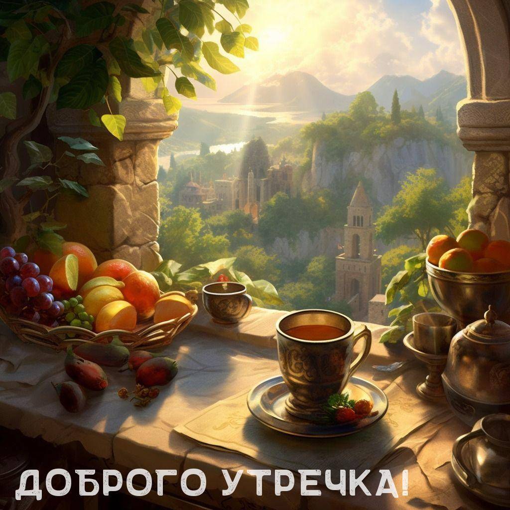 Утро, вид из окна с горами и фруктами на столе
