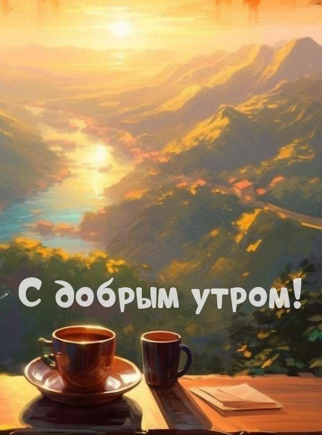 Утро, вид на горы с ручьем и двумя чашками на столике