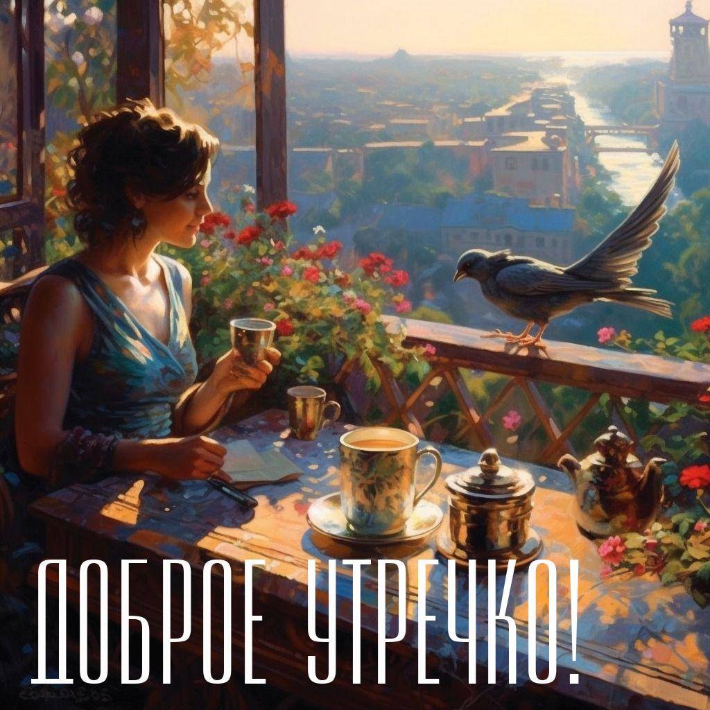 Утро, женщина с чашкой на террасе, рядом чайник и птица