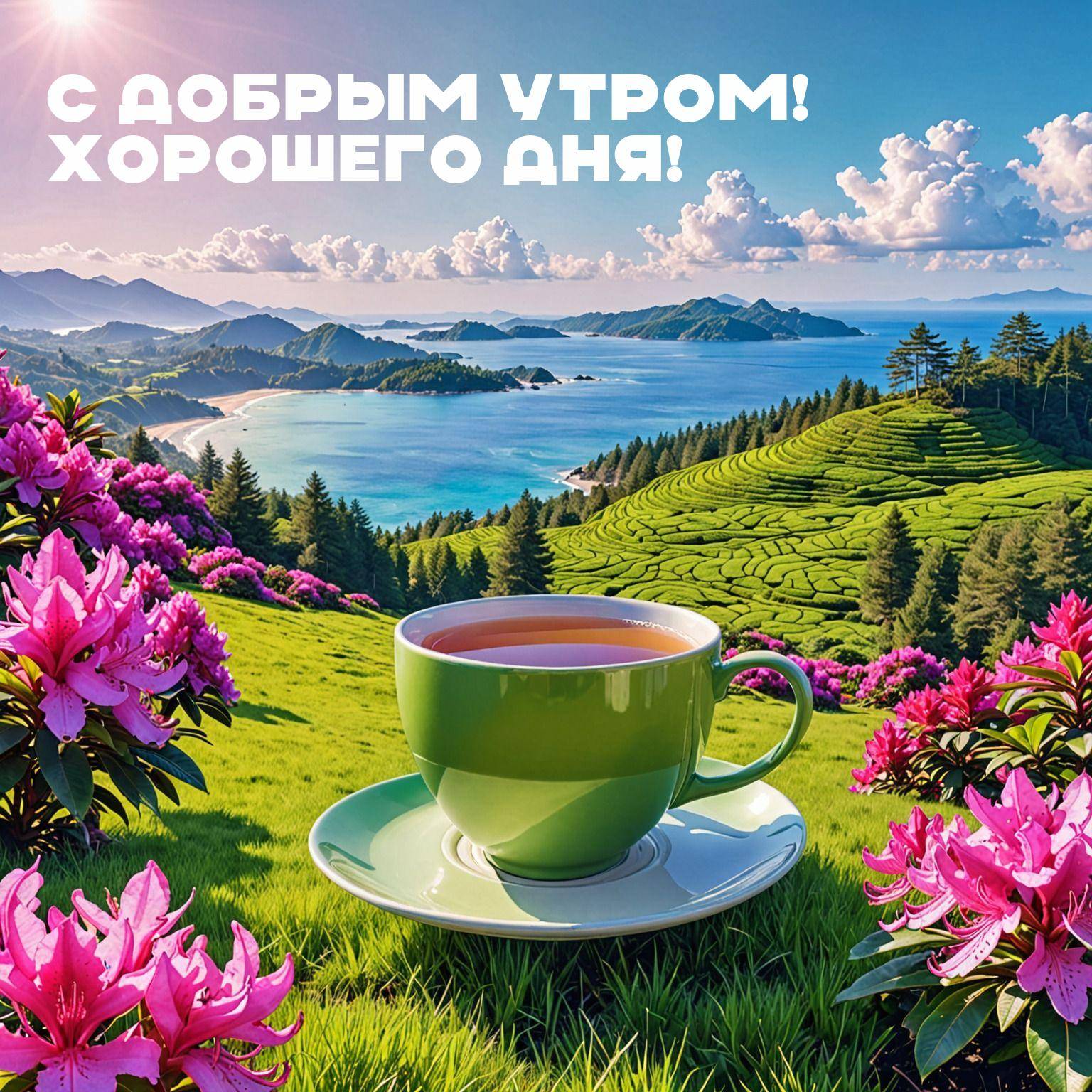 Утро, живописная сцена с зелёным чайником и садом на холмах
