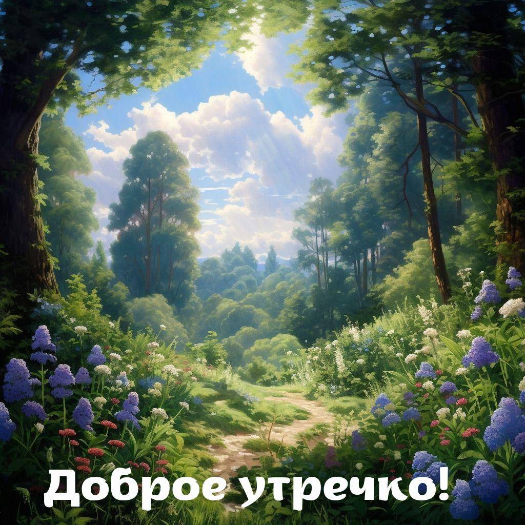 Утро, живописный лесной пейзаж с тропинкой и яркими цветами