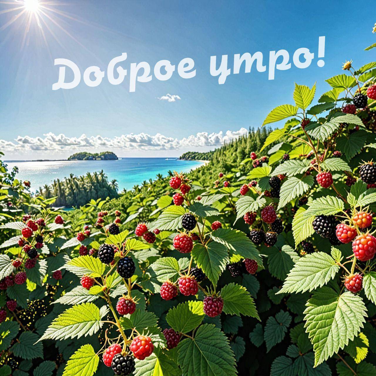 Утро, живописный летний пейзаж с ягодами ежевики и океаном