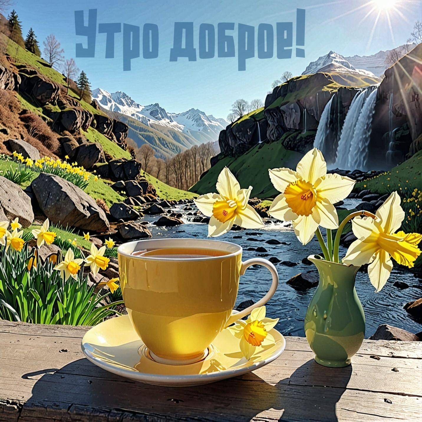 Утро, живописный пейзаж с чашкой чая и нарциссами