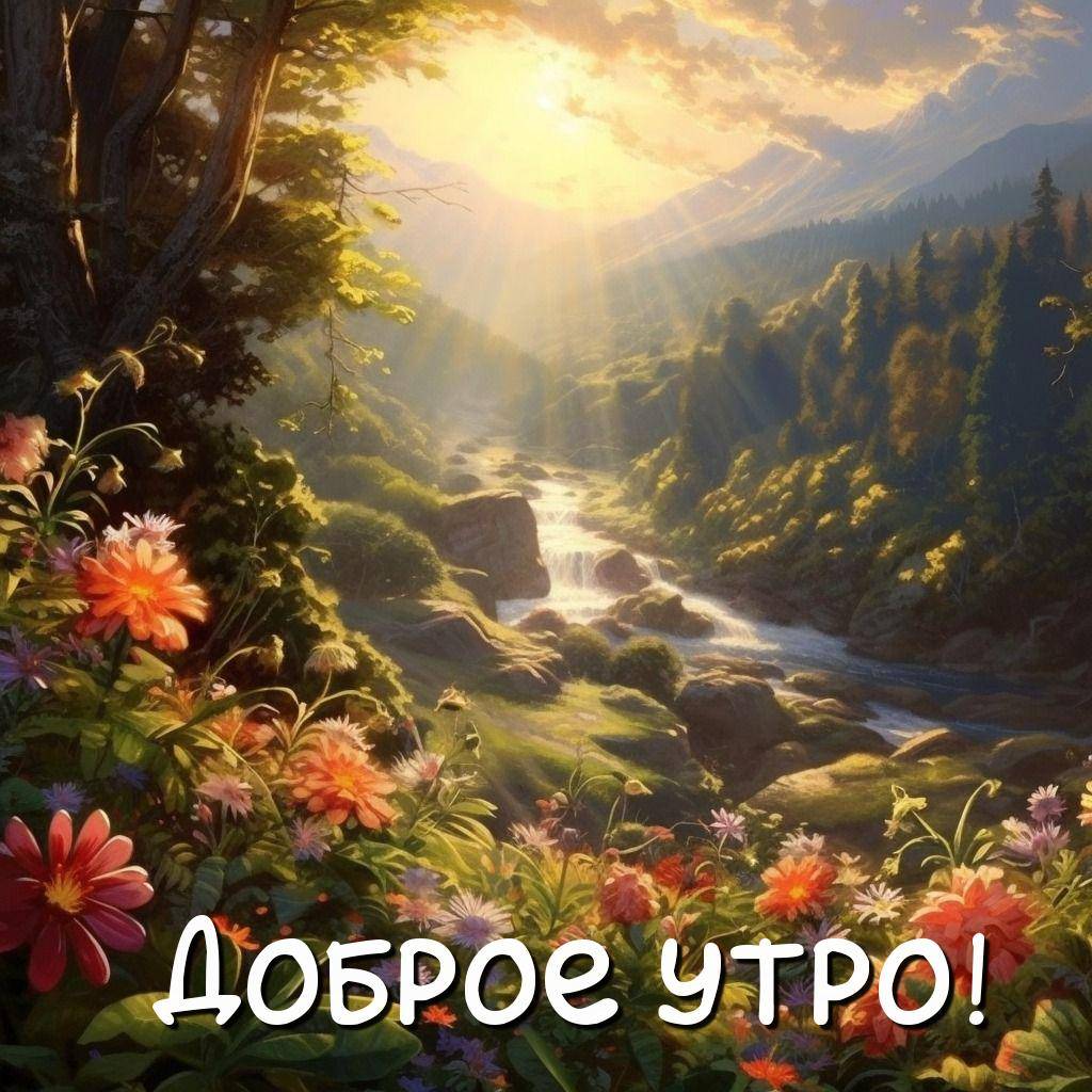 Утро, живописный пейзаж с цветами, рекой и горами