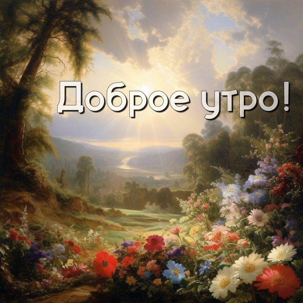 Утро, живописный пейзаж с яркими цветами и зелёной долиной