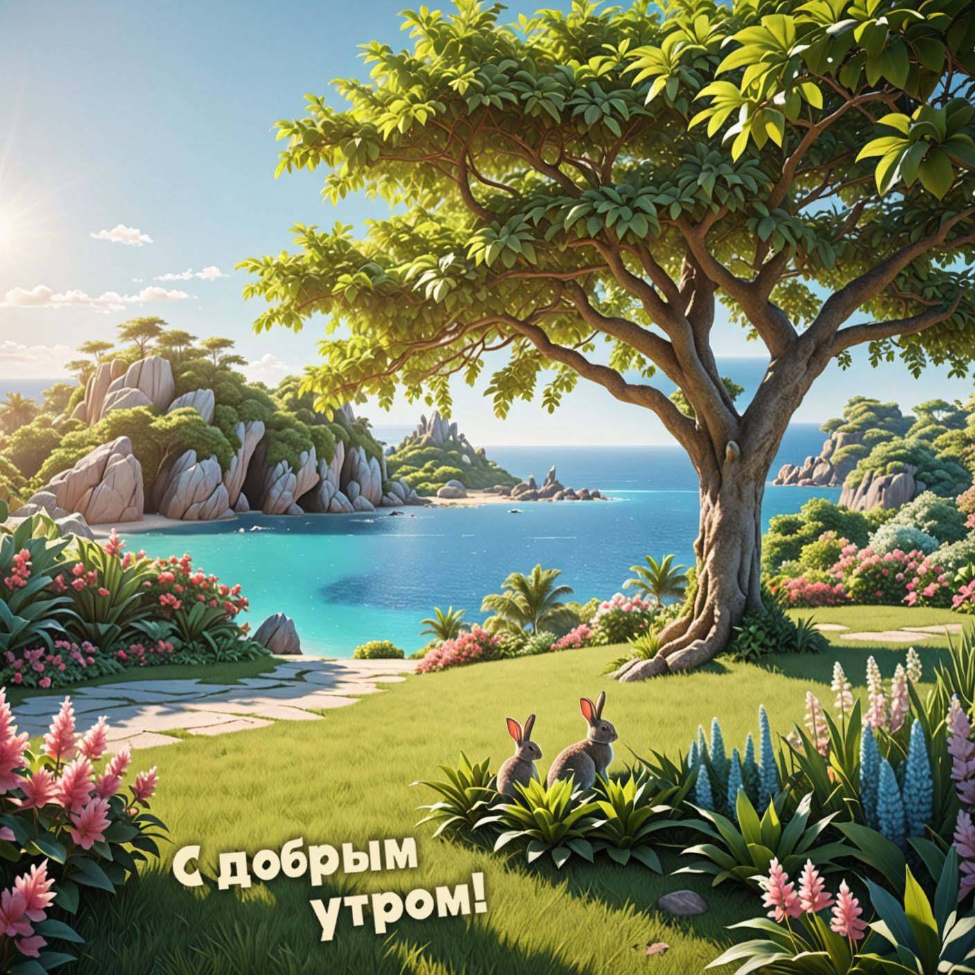 Утро, живописный пляж, море, дерево, лужайка и кролики