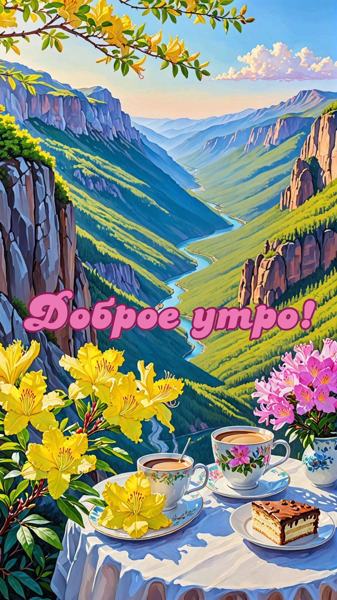 Утро, живописный вид на долину с рекой и столиком