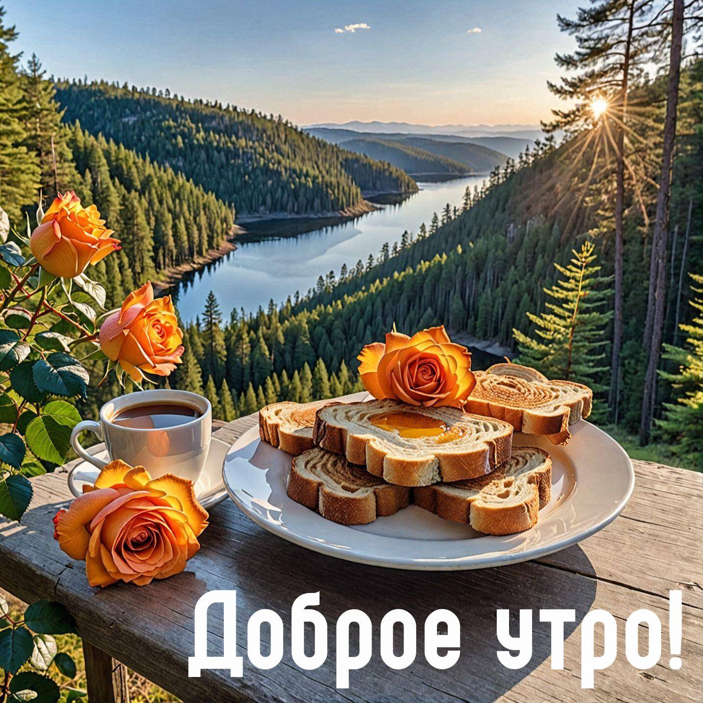 Утро, живописный вид на озеро с чашкой чая и розами