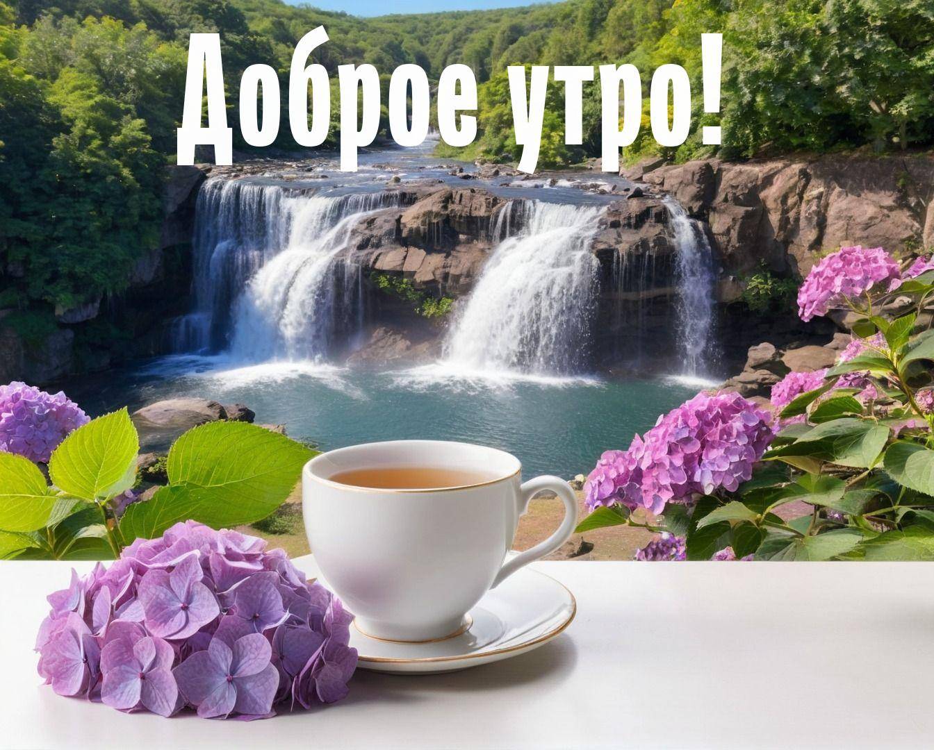Утро, живописный водопад и чашка чая с гортензиями
