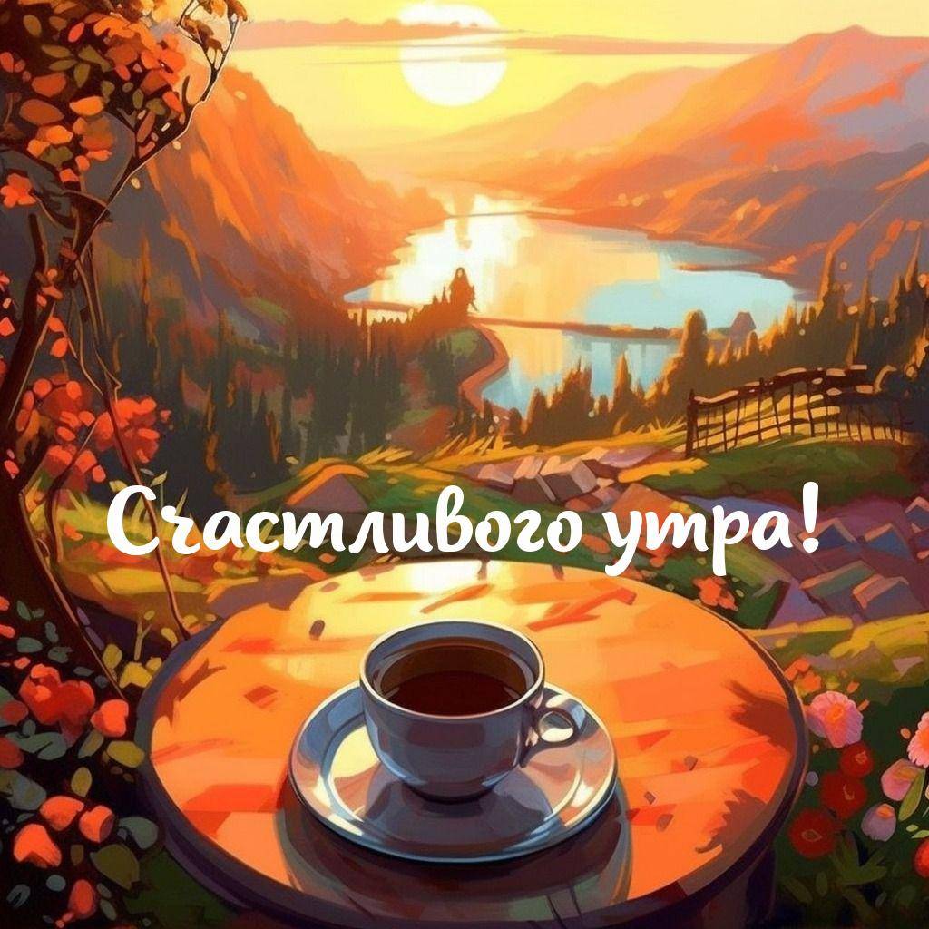Утро, живописный закат с чашкой кофе на столе