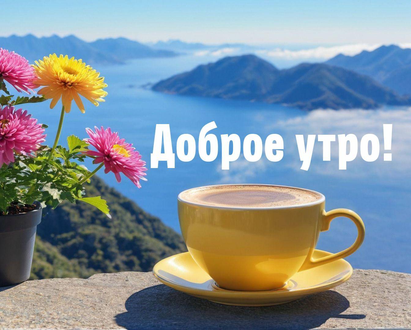 Утро, жёлтая чашка с напитком, цветы, горы и водоем