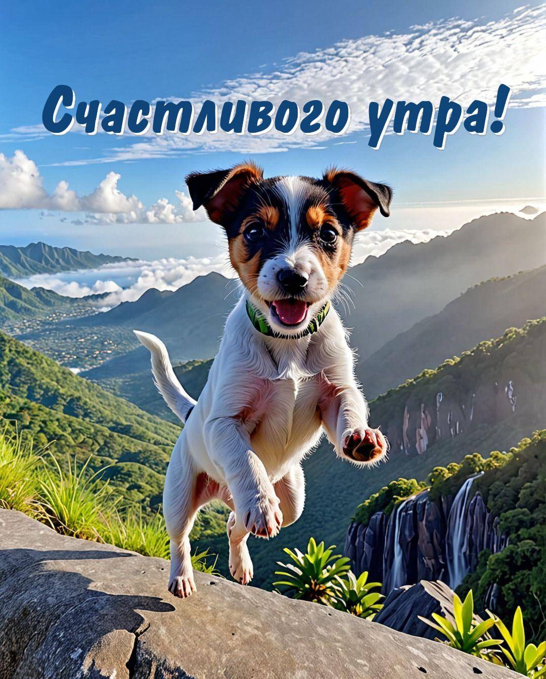 Утро, alt,Маленький щенок, прыгающий по камню на фоне гор.