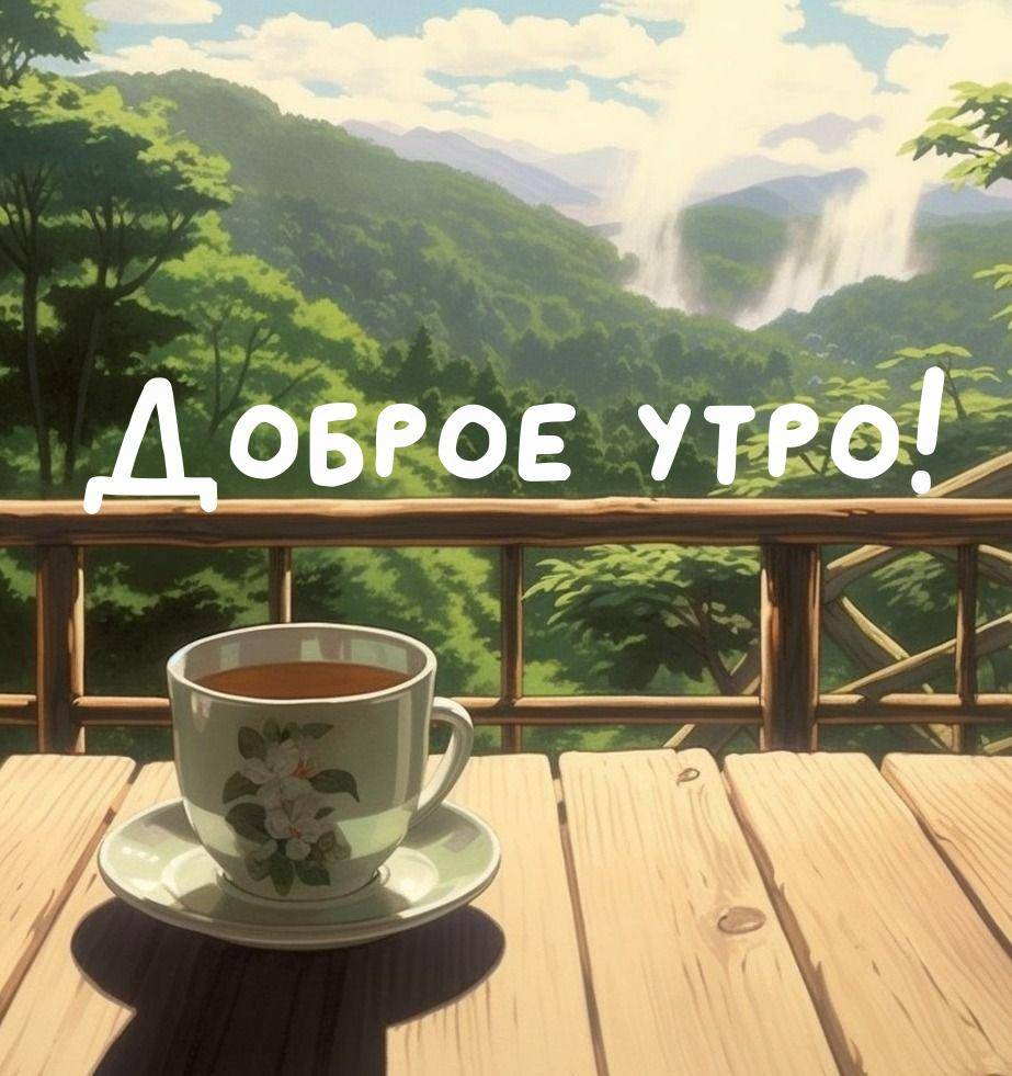 Утро, анимированный пейзаж с чашкой на деревянном столе