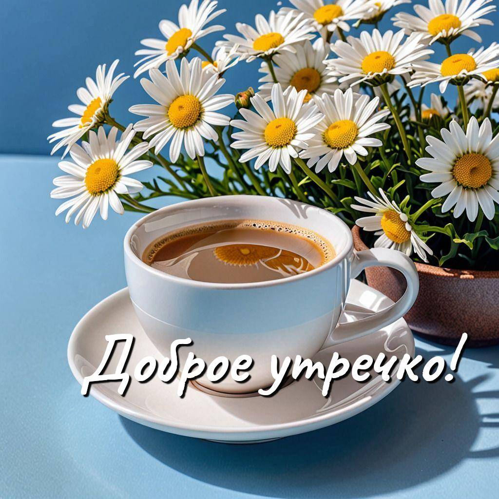 Утро, белая чашка кофе и ваза с ромашками на голубом фоне