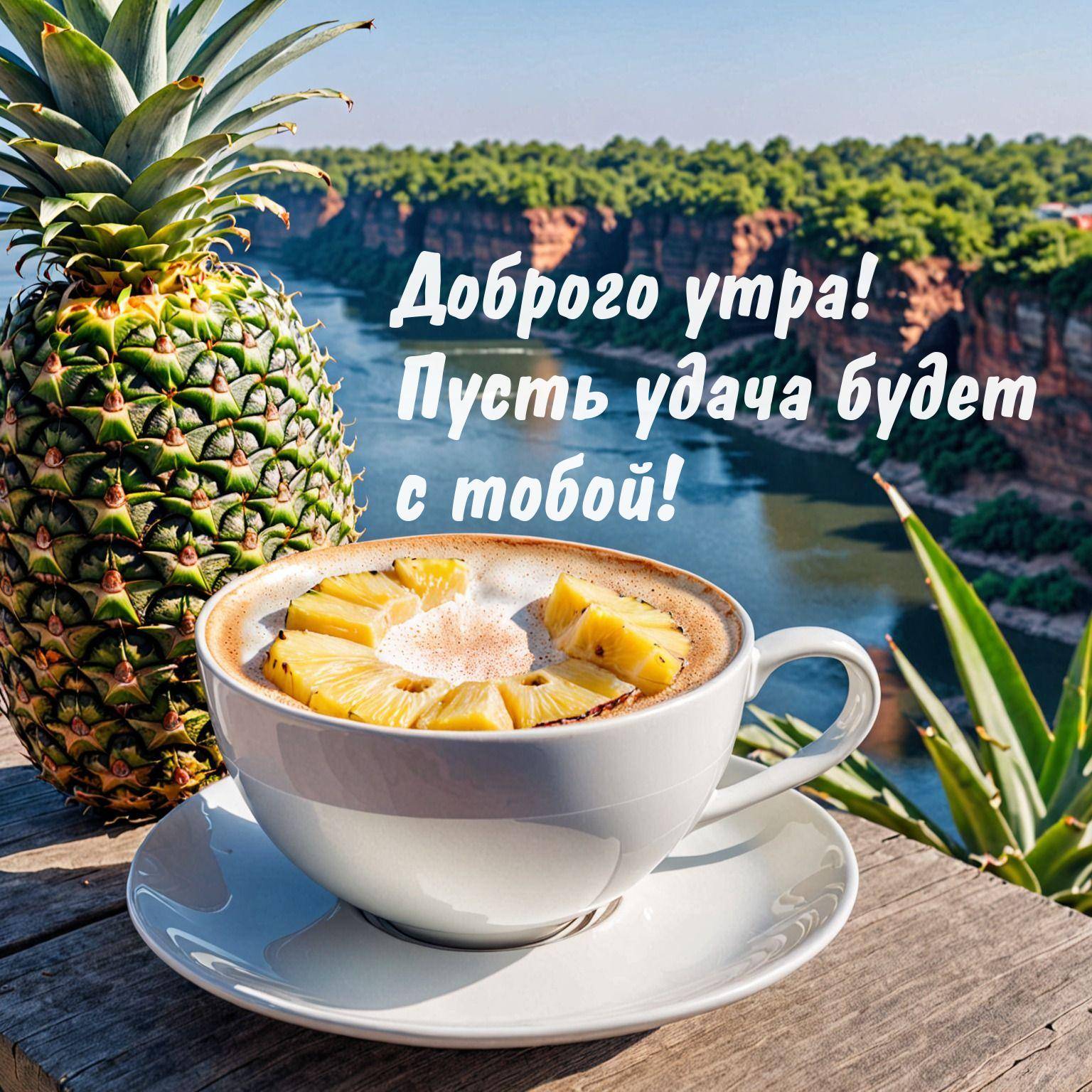 Утро, белая чашка кофе с ананасом на фоне природы