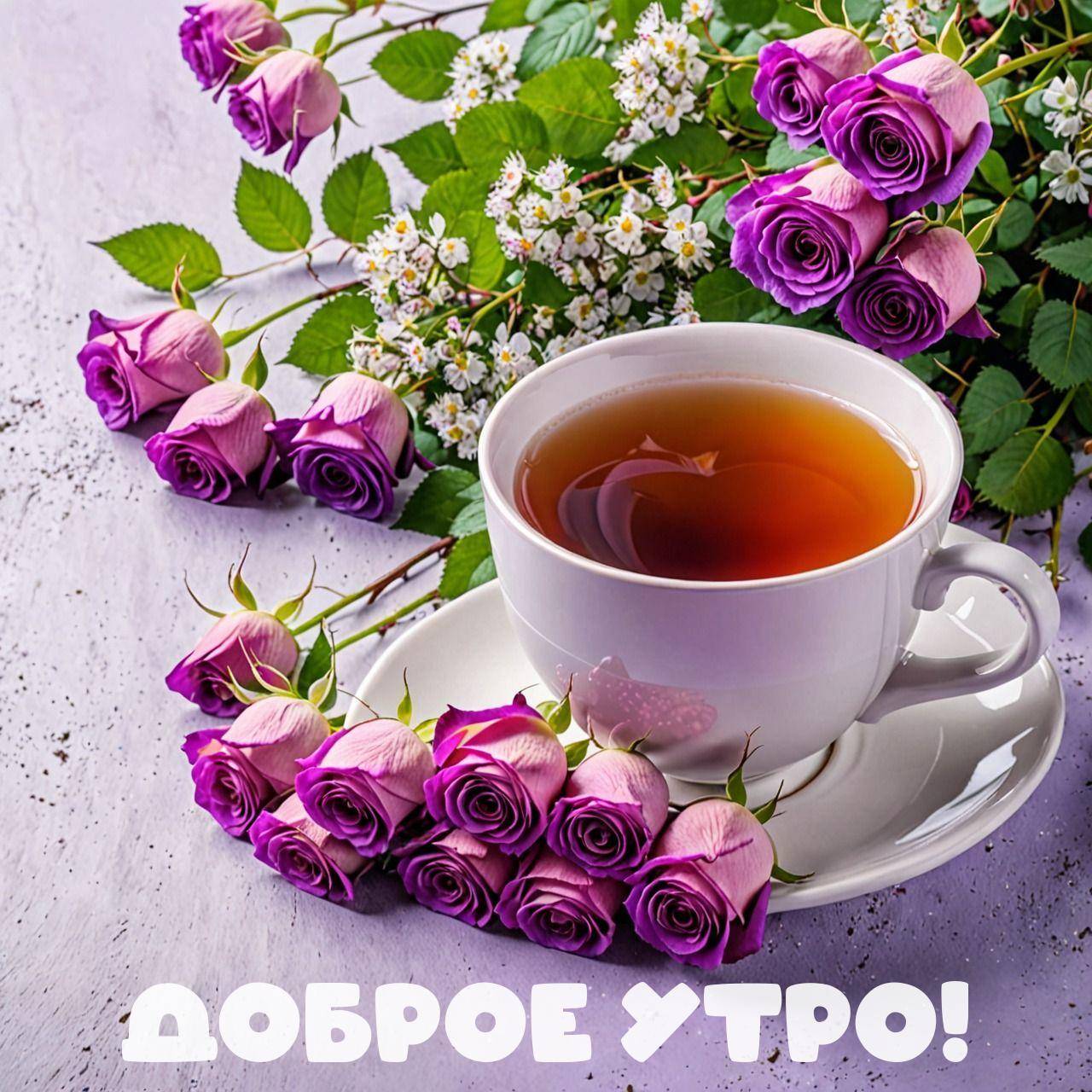 Утро, белая чашка с чаем и фиолетовыми розами