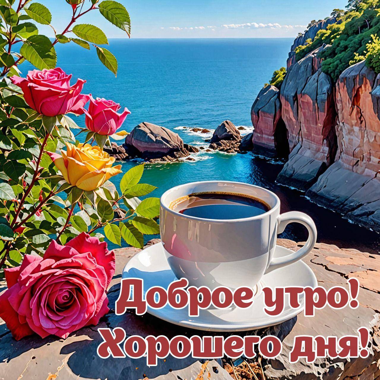 Утро, белая чашка с кофе на скале и розы