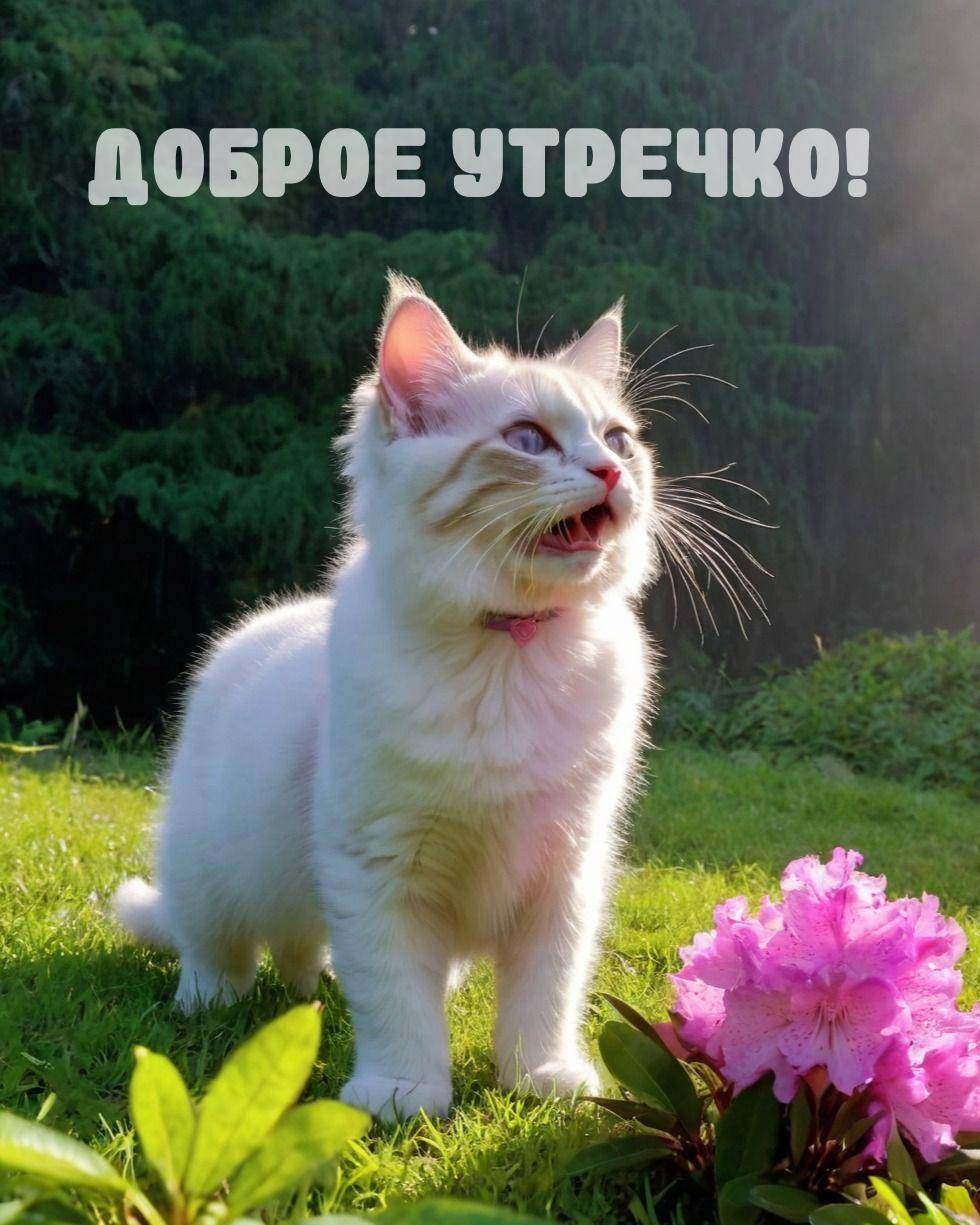 Утро, белый котик на траве с цветком, смотрящий вверх
