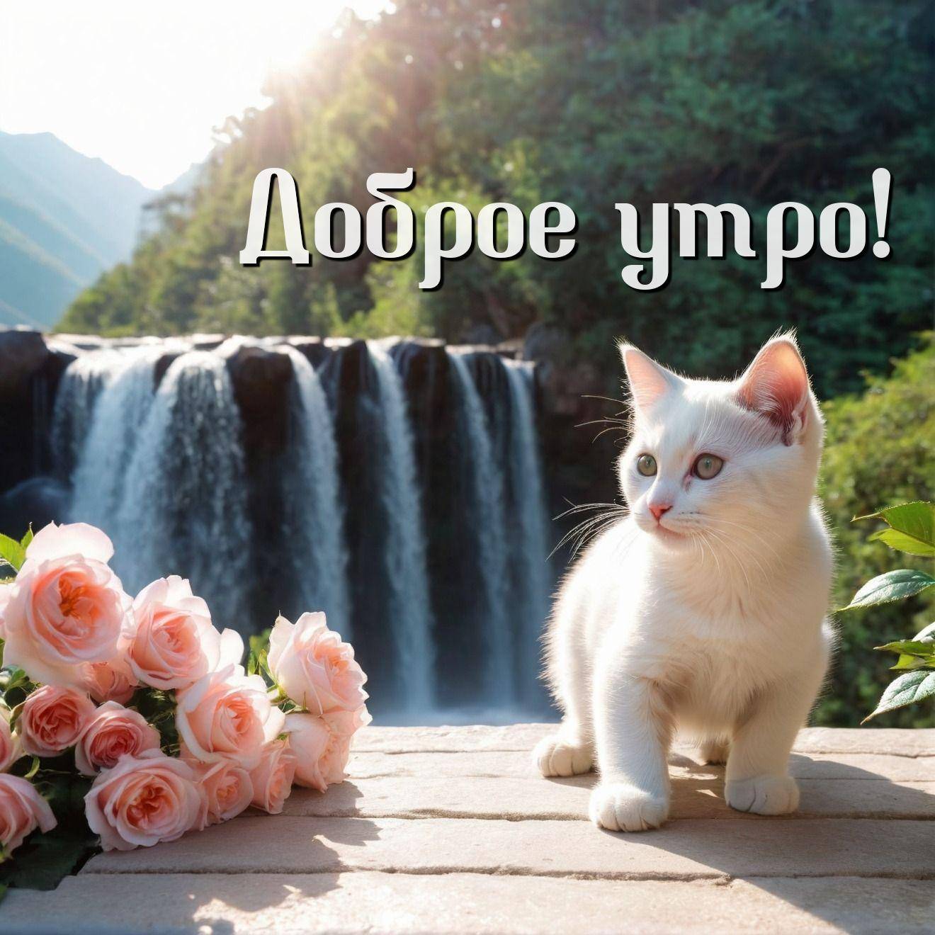 Утро, белый котёнок и розы на фоне водопада