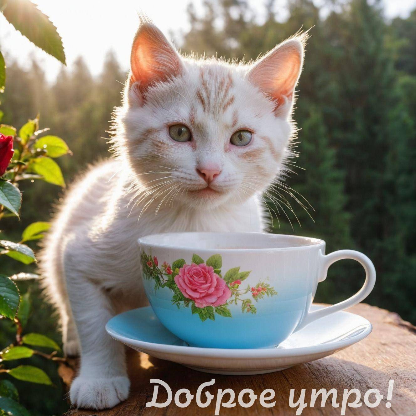 Утро, белый котёнок с рыжеватыми пятнами рядом с чашкой и розой
