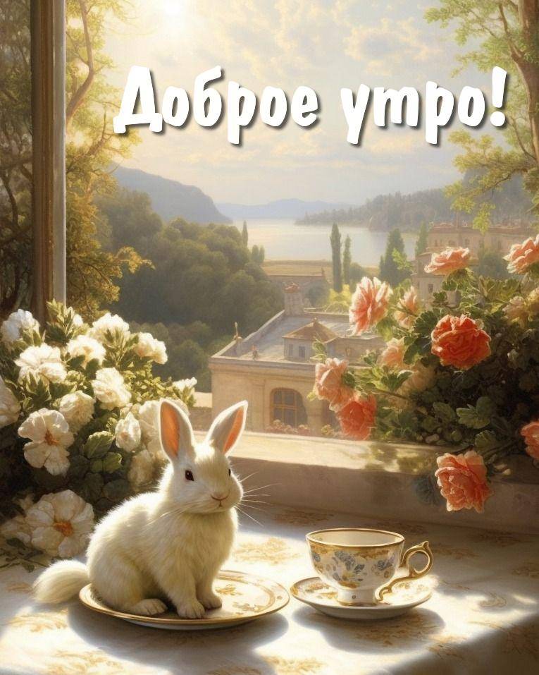 Утро, белый кролик на блюдце рядом с чашкой и цветами