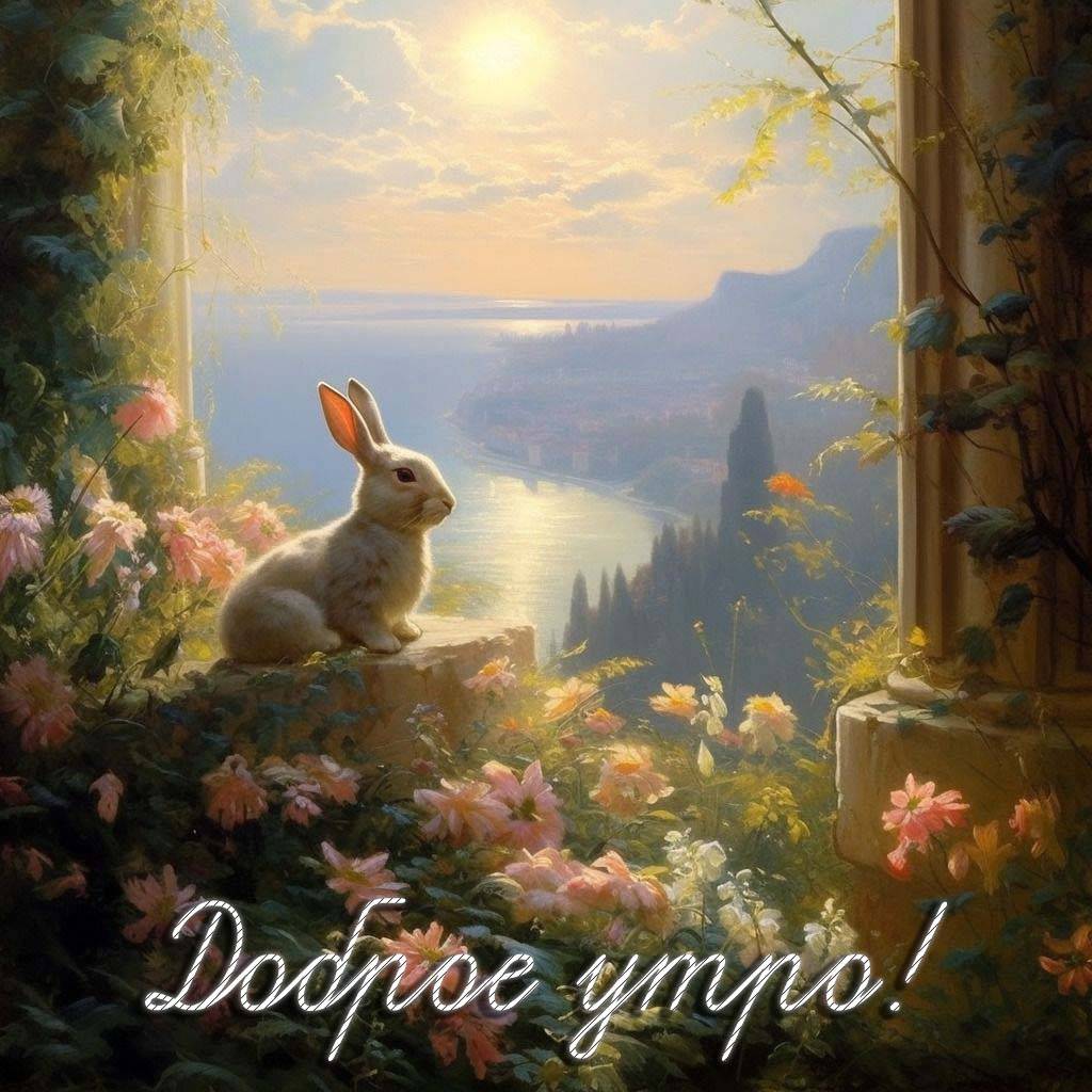 Утро, белый кролик на каменной поверхности, окруженной цветами.