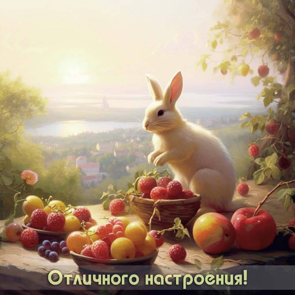 Утро, белый кролик рядом с корзинами фруктов