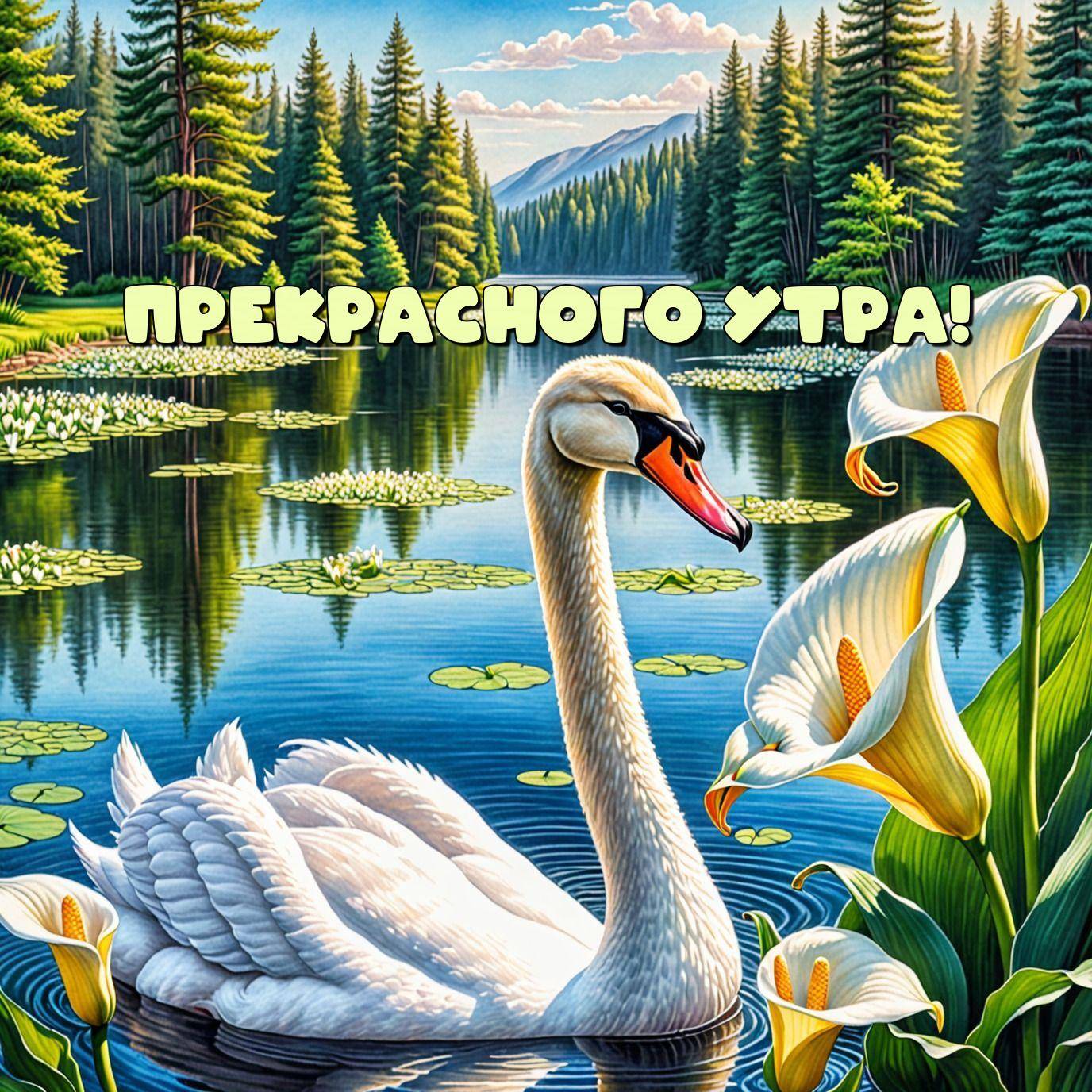 Утро, белый лебедь плывет по озеру среди хвойного леса