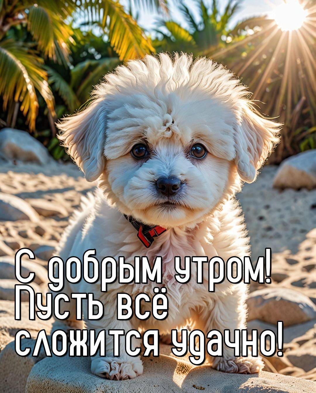 Утро, белый пушистый щенок на пляже с пальмами