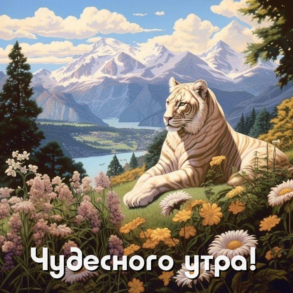 Утро, белый тигр лежит на цветочном лугу перед горами