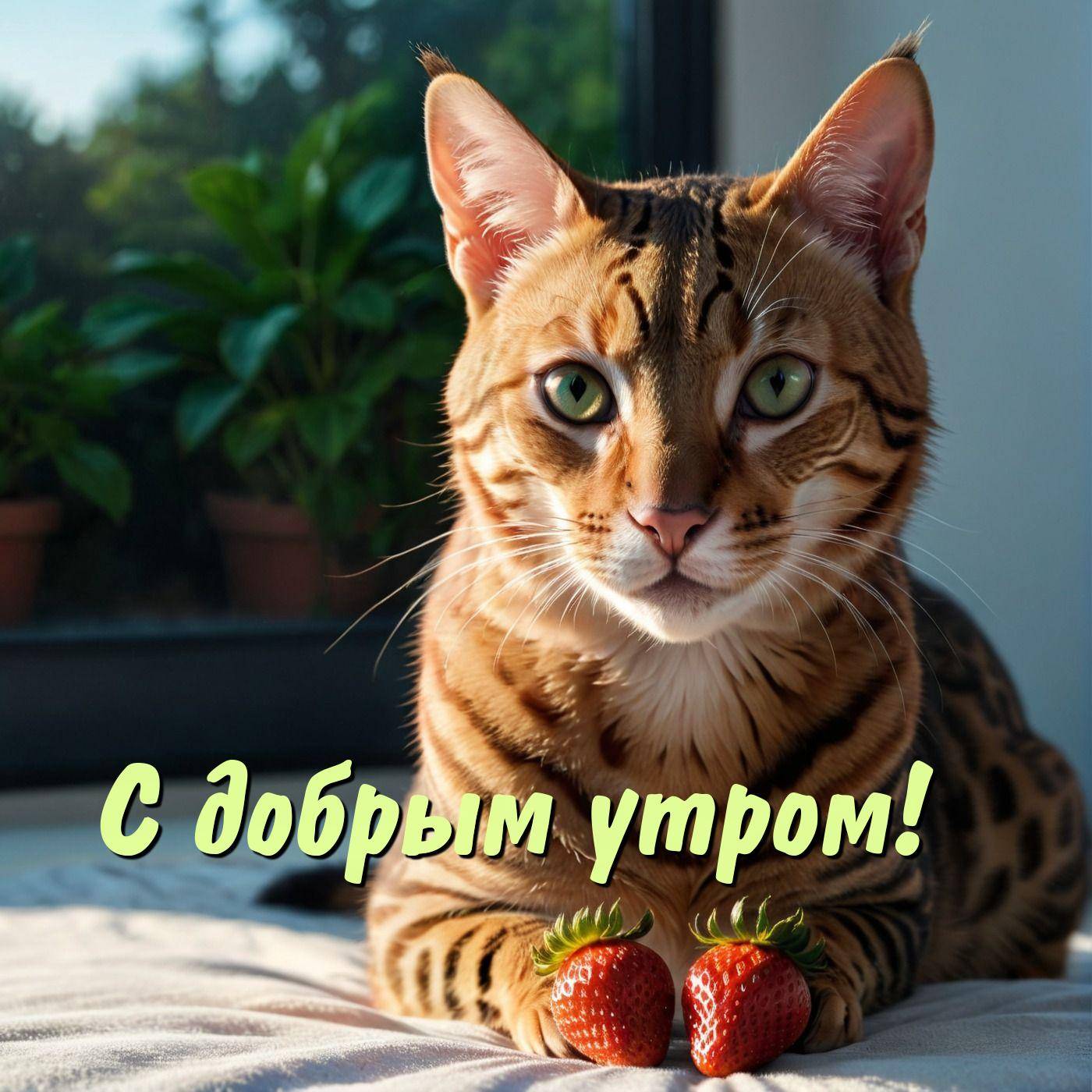 Утро, бенгальский кот с зелеными глазами и клубникой