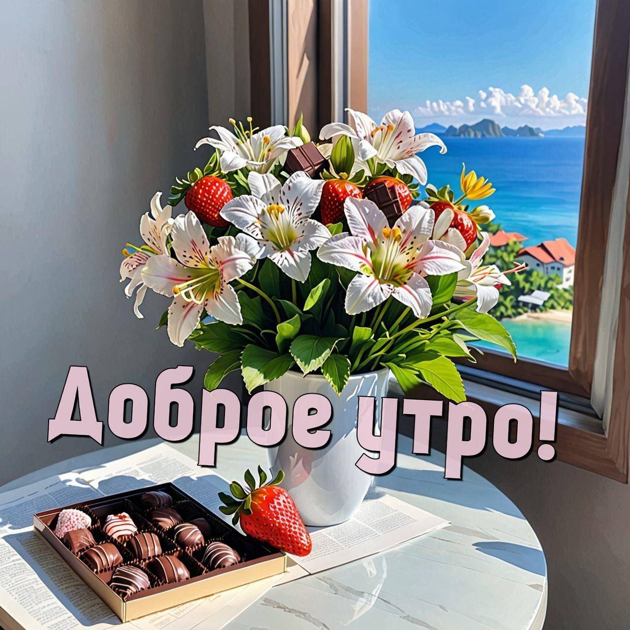Утро, букет из белых лилий и клубники в вазе