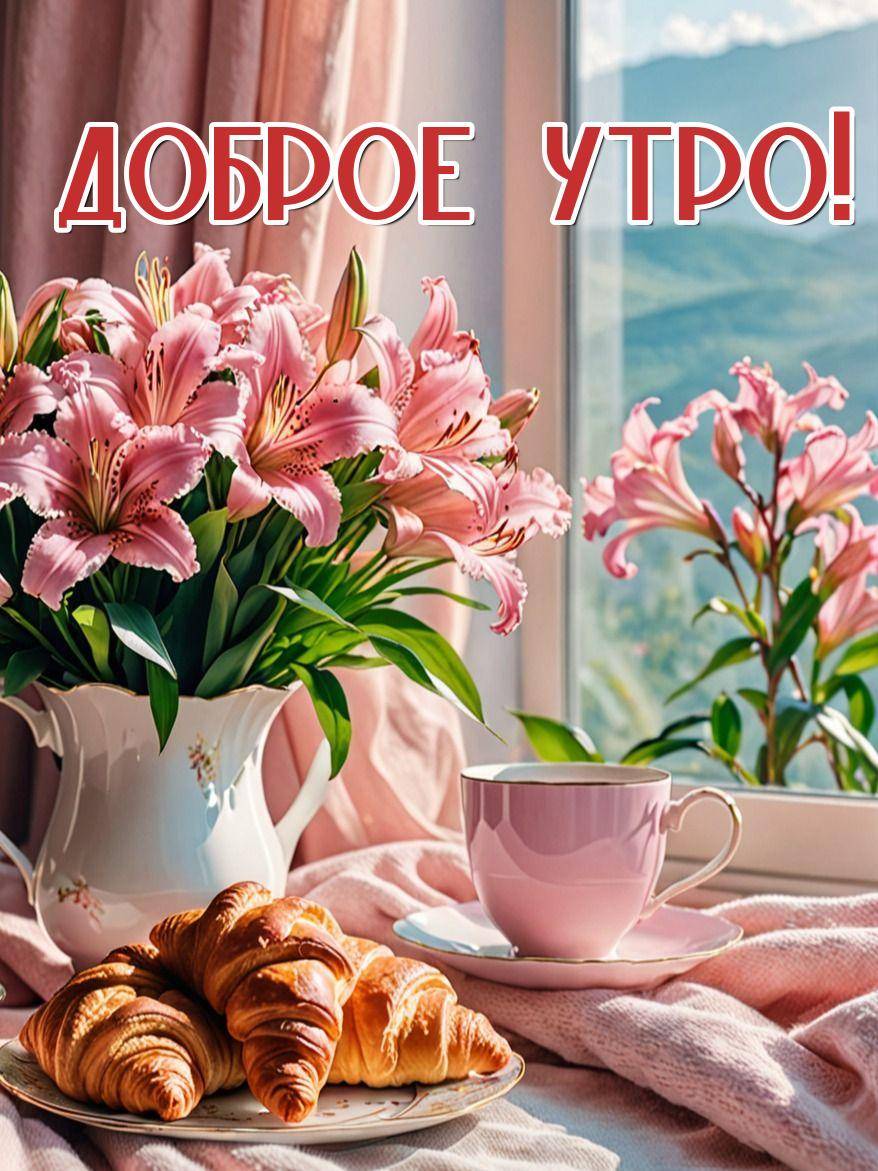 Утро, букет лилий, круассаны, чашка, вид на горы
