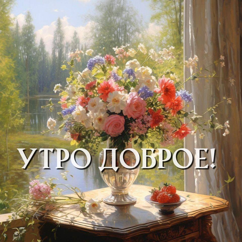 Утро, букет цветов в стеклянной вазе на столике
