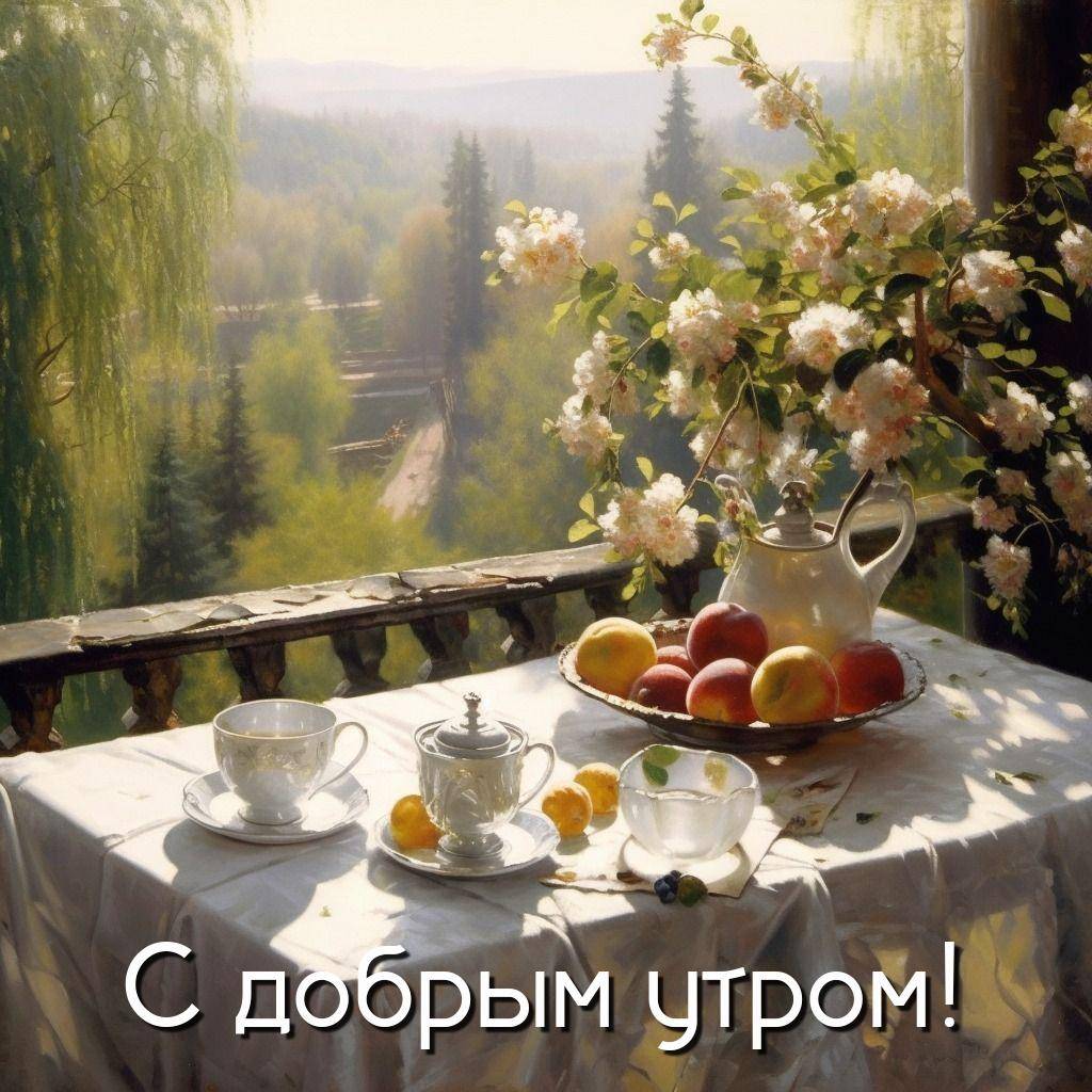 Утро, чаепитие на террасе с видом на лес