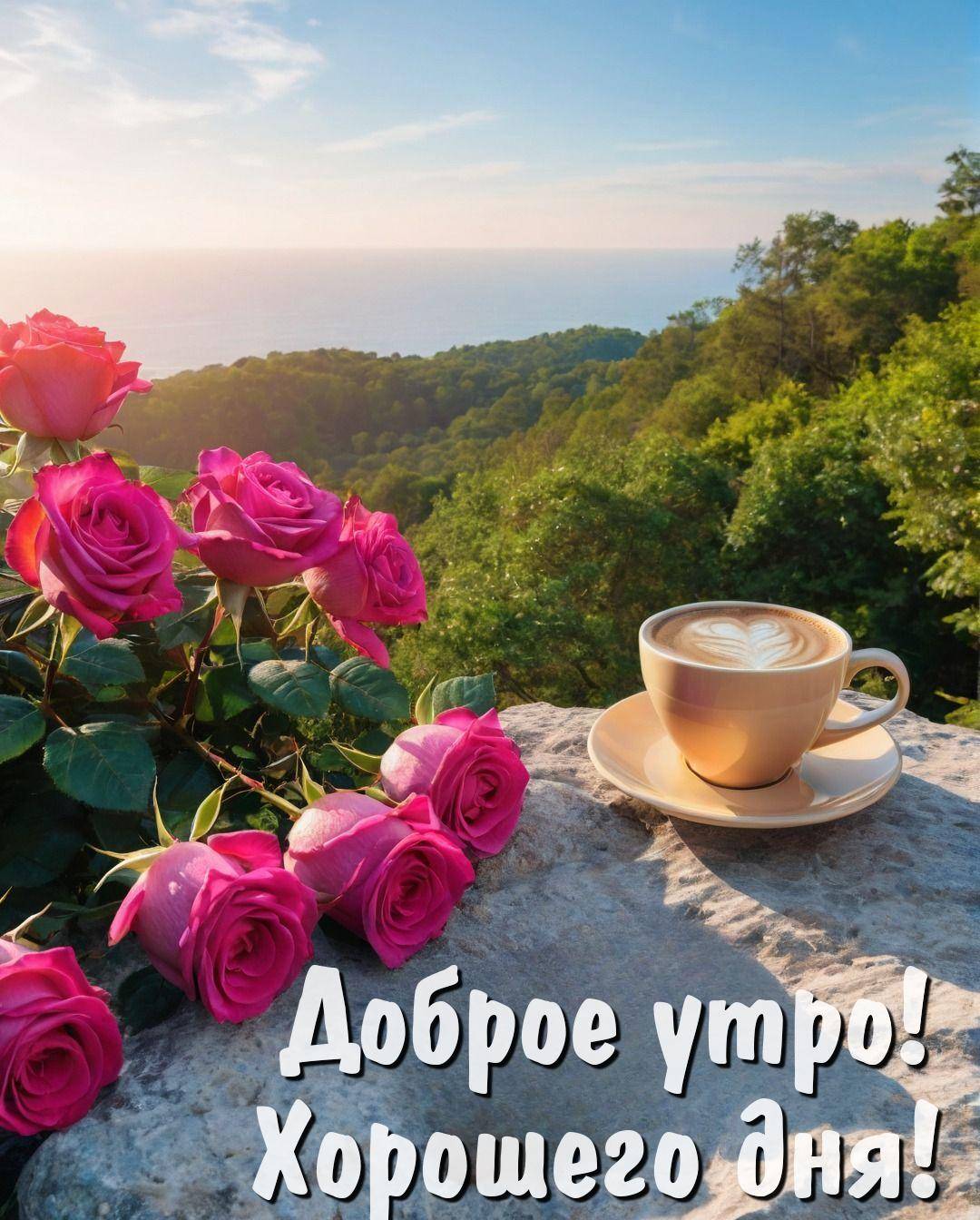 Утро, чайная роза и кофе на фоне моря