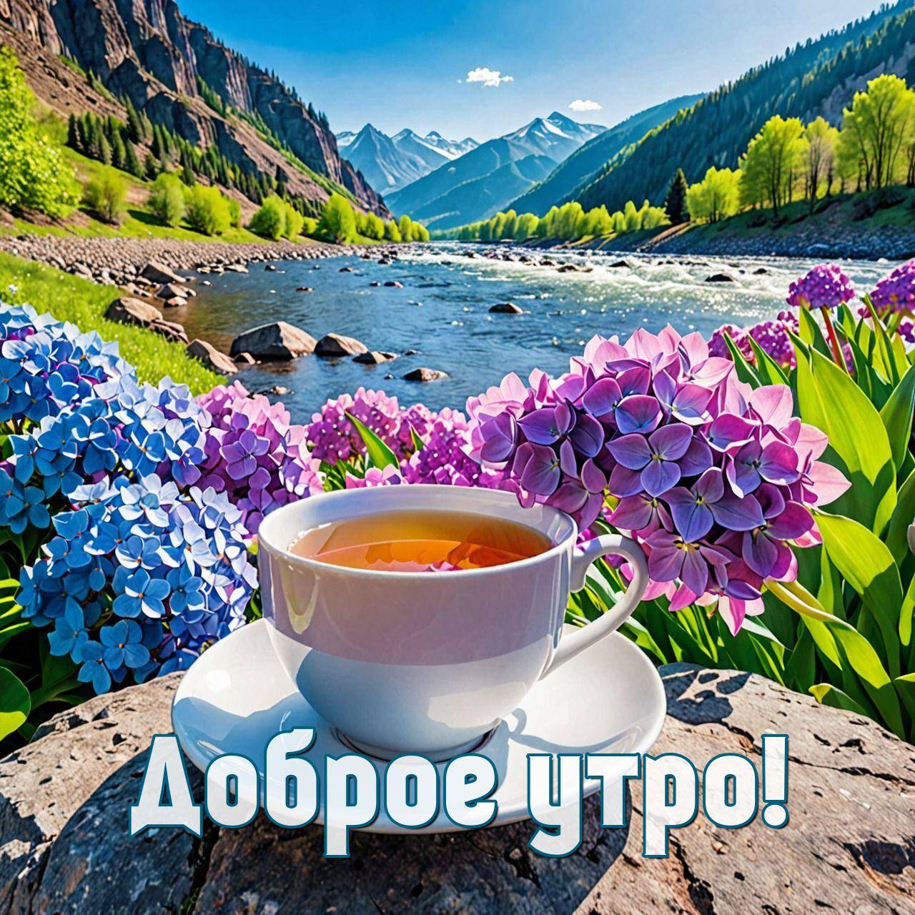 Утро, чашка чая на камне среди цветов и гор