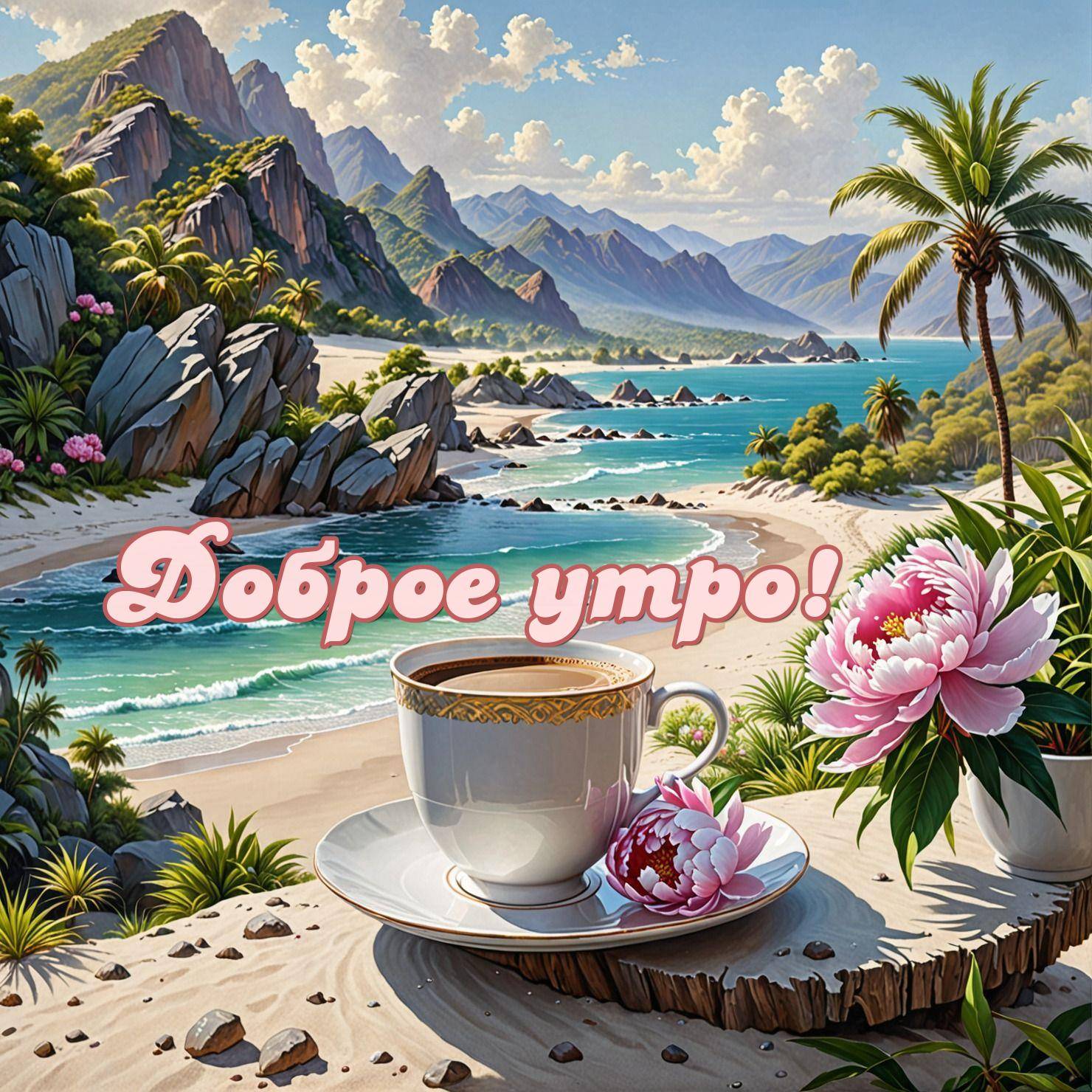 Утро, чашка кофе на блюдце с пионом на фоне пляжа