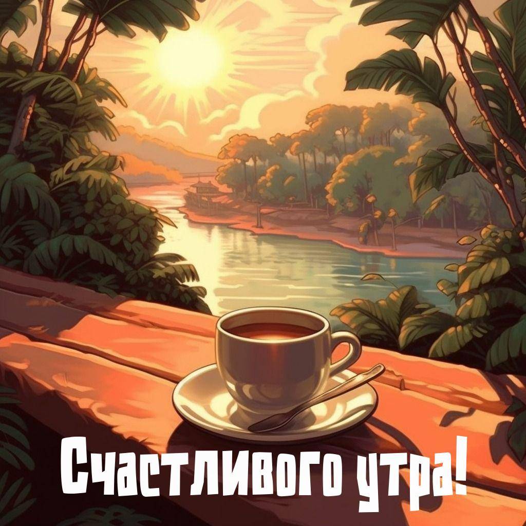 Утро, чашка кофе на фоне заката над рекой