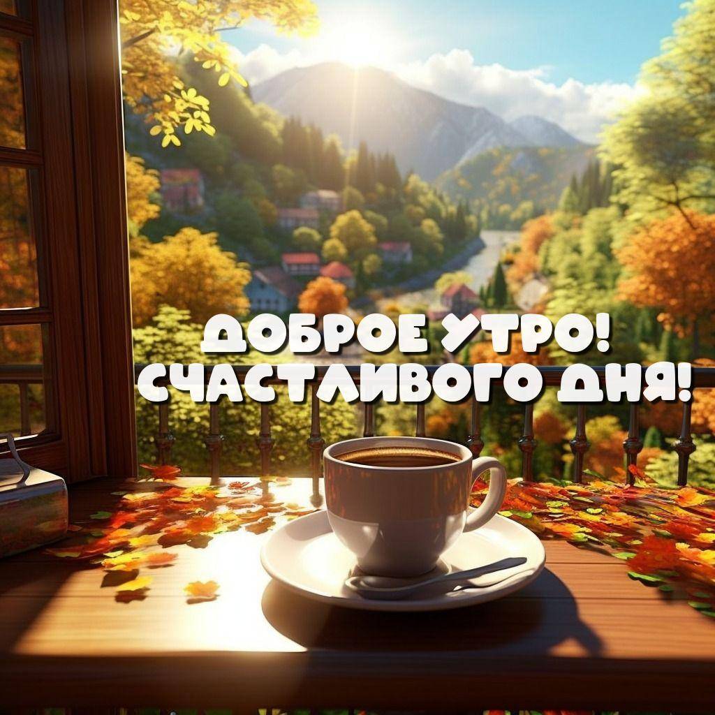 Утро, чашка кофе на столе с осенними листьями