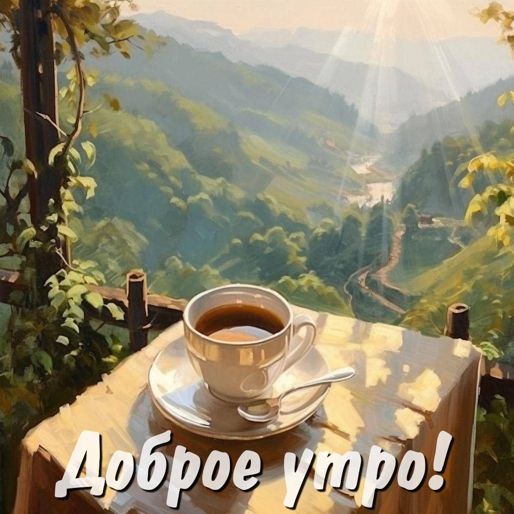 Утро, чашка кофе на столе, зелёные холмы на фоне