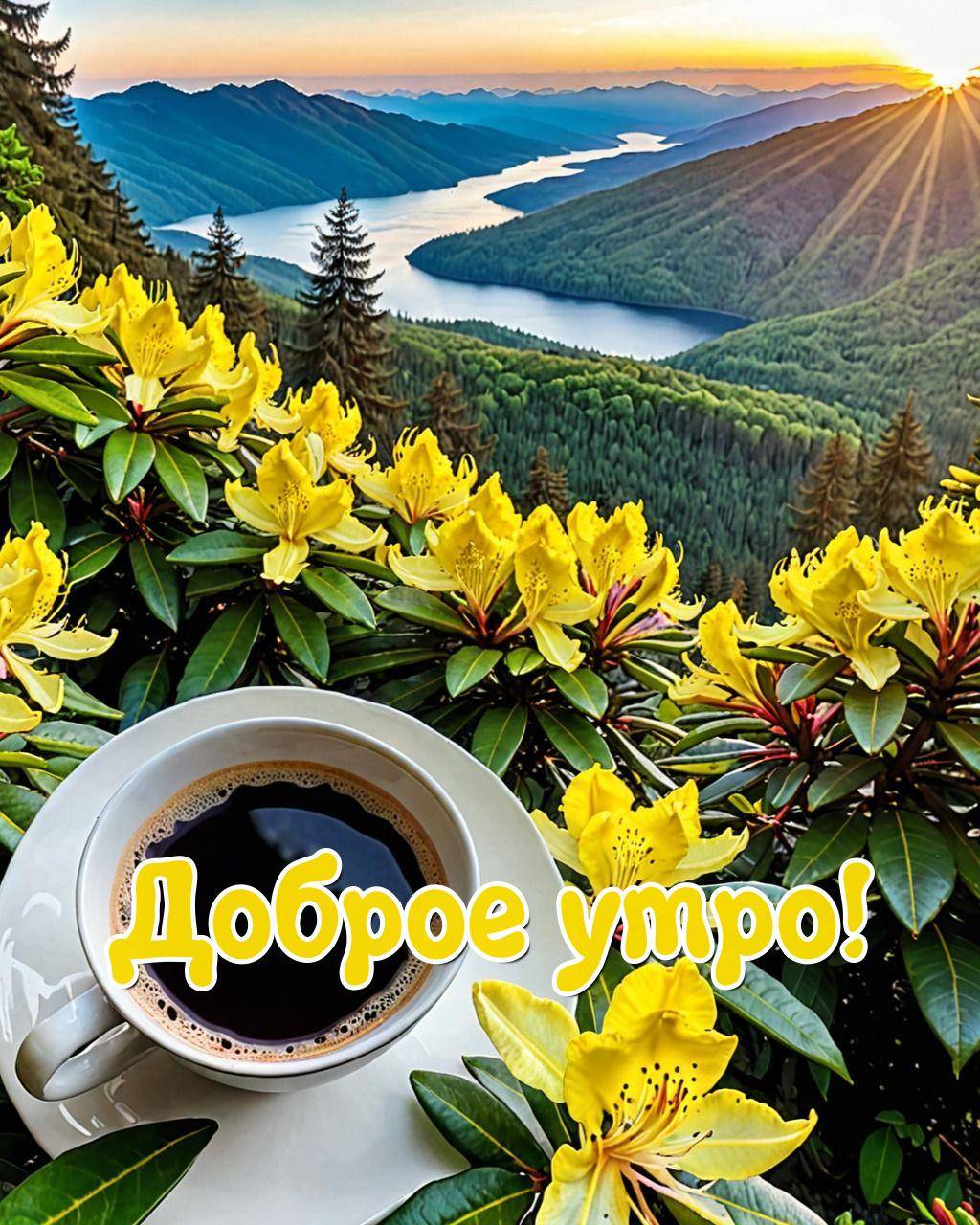 Утро, чашка кофе среди жёлтых цветов с видом на горы и реку