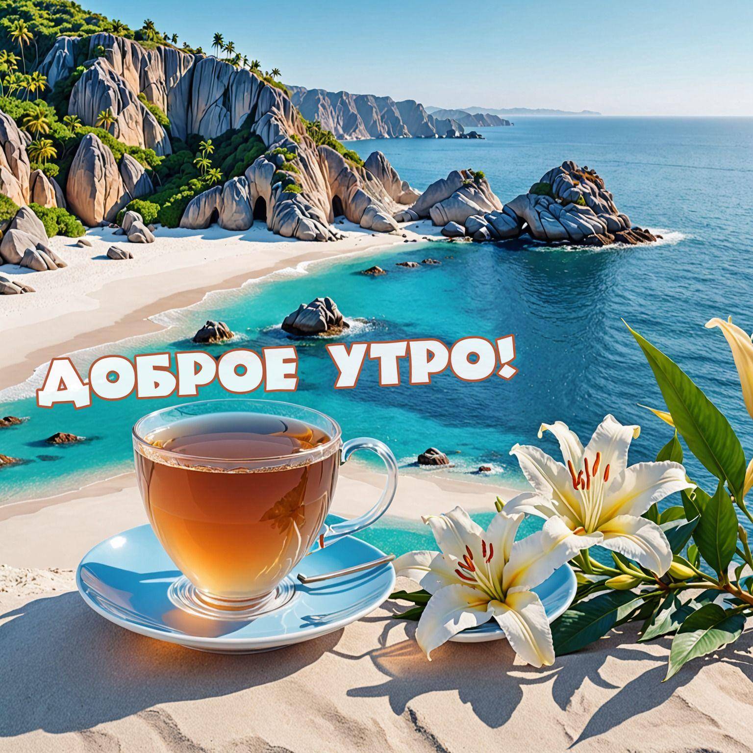 Утро, чашка с чаем и белыми лилиями на фоне пляжа