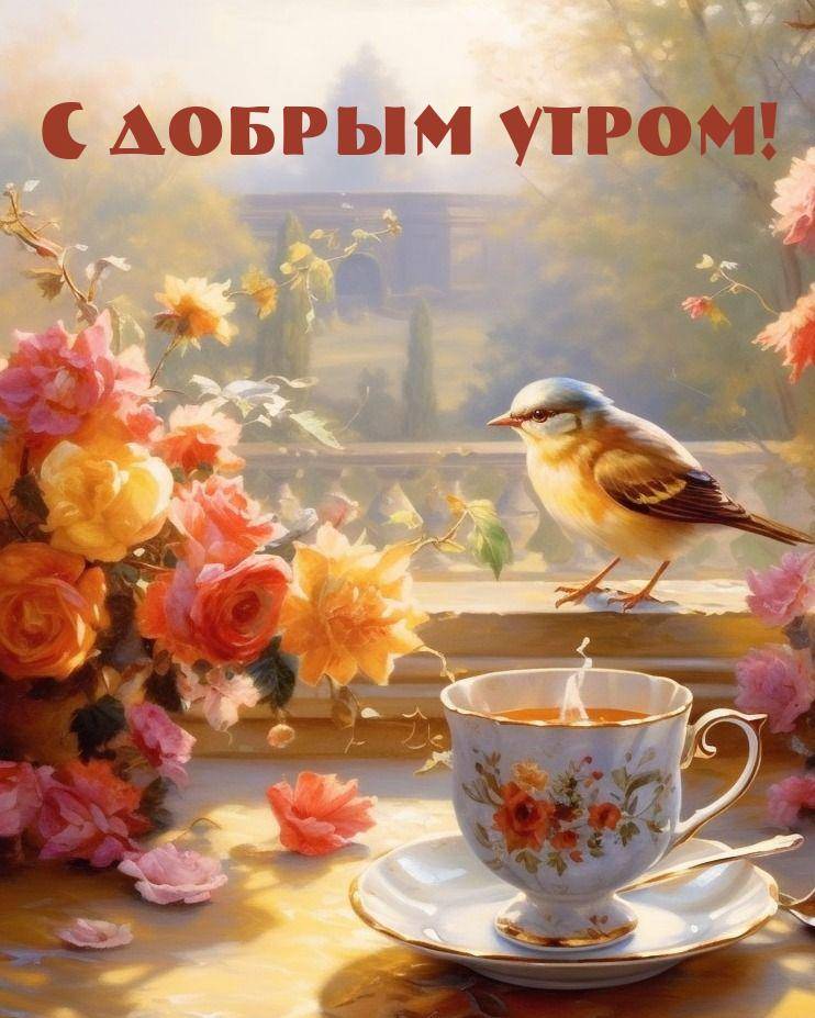 Утро, чашка с чаем и букет цветов на подоконнике