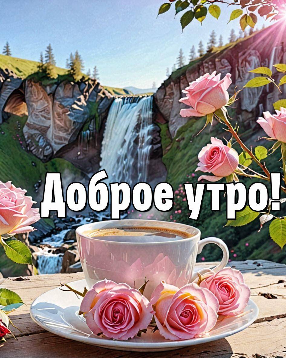 Утро, чашка с кофе и розами перед водопадом