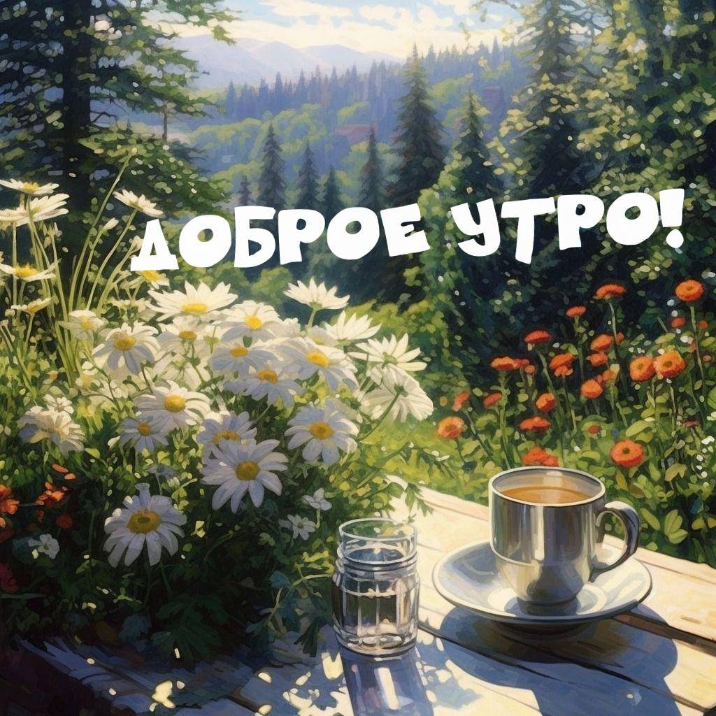 Утро, чашка с кофе на столе с цветами и горами