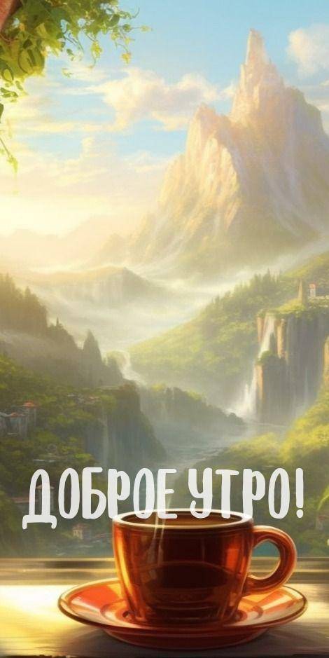 Утро, чашка с напитком на фоне гор