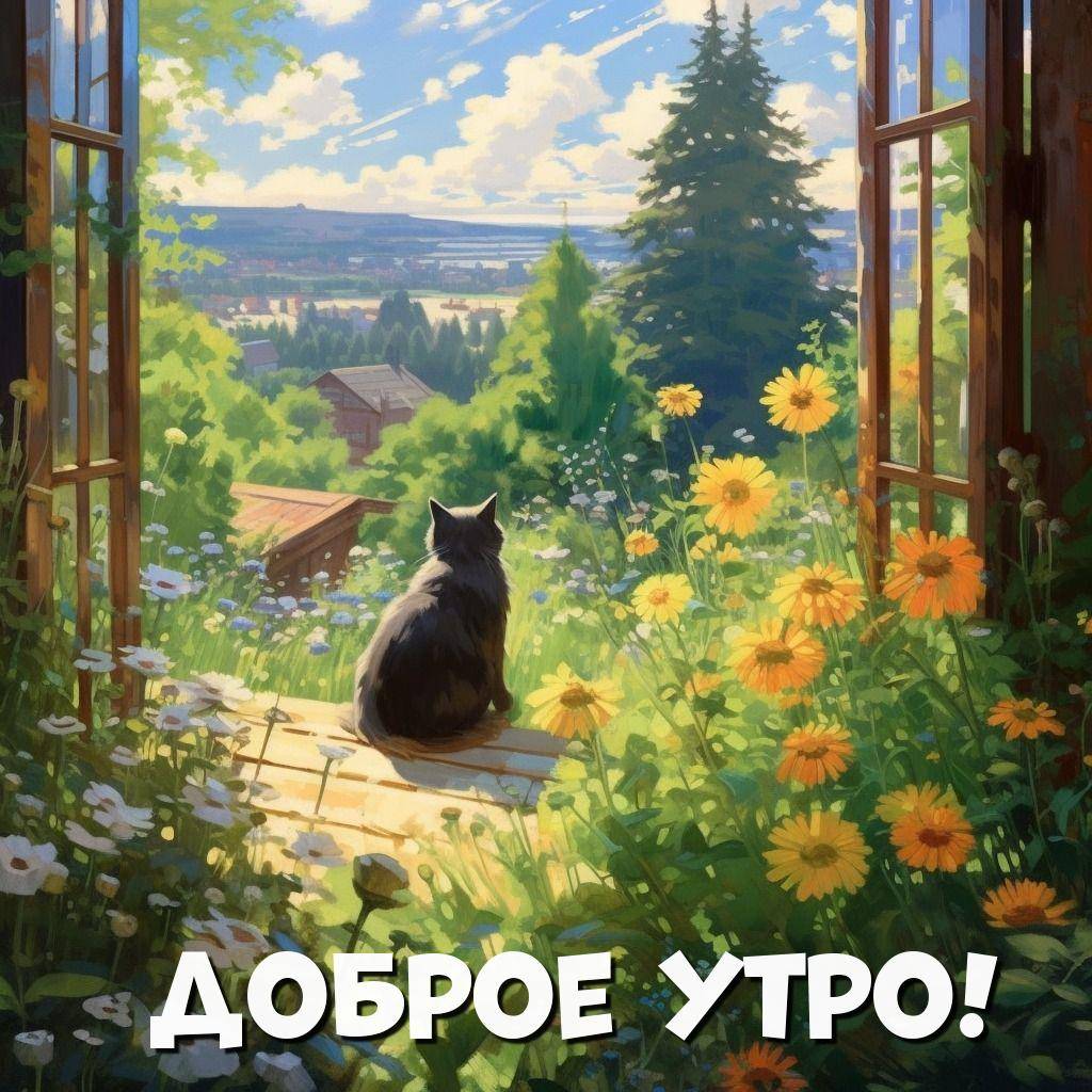 Утро, черный кот на подоконнике, летний пейзаж за окном