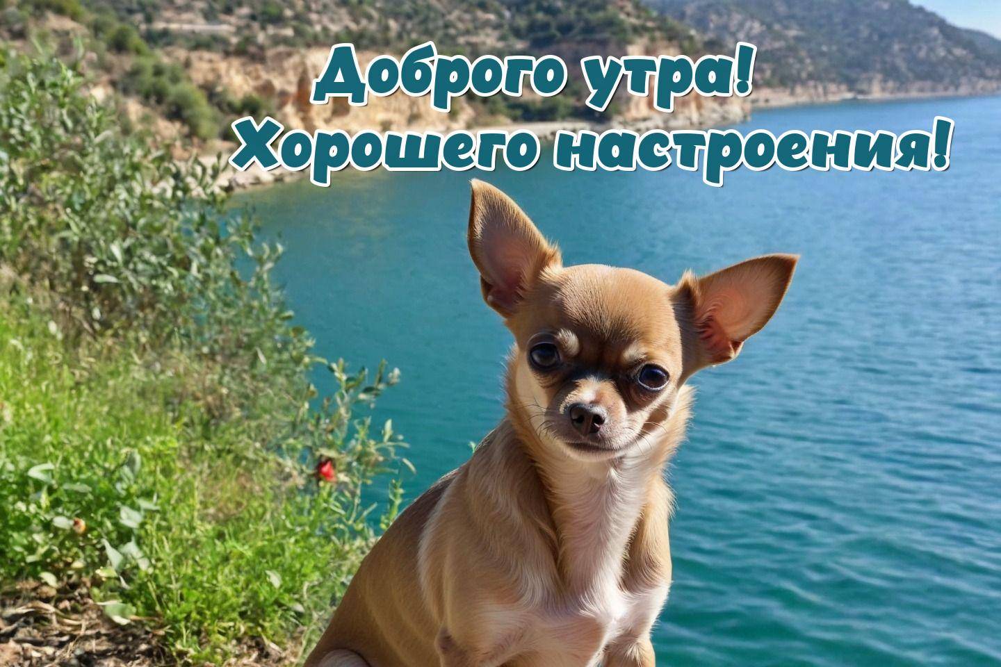 Утро, чихуахуа на фоне озера и скал