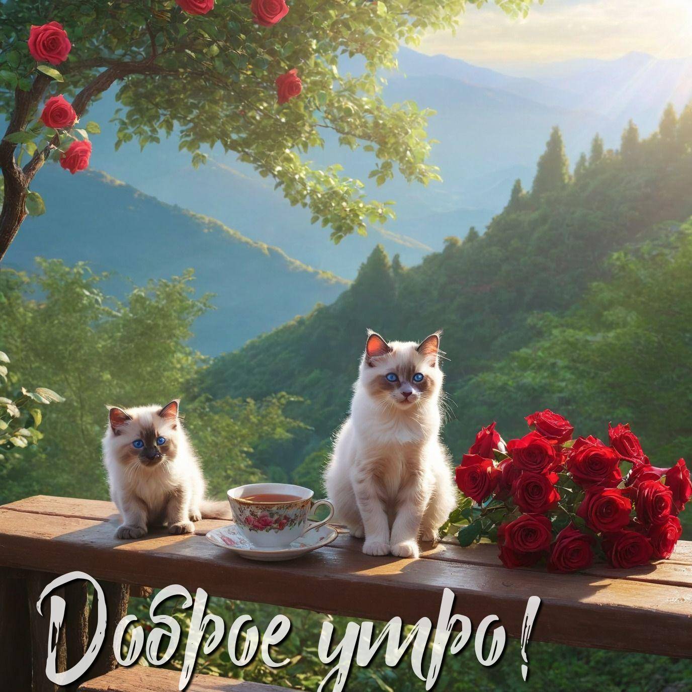 Утро, два пушистых котёнка с голубыми глазами